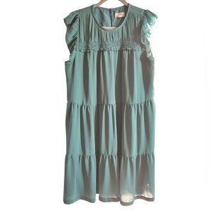 Green Midi Tiered Ruffle Sleeve Smock Dress